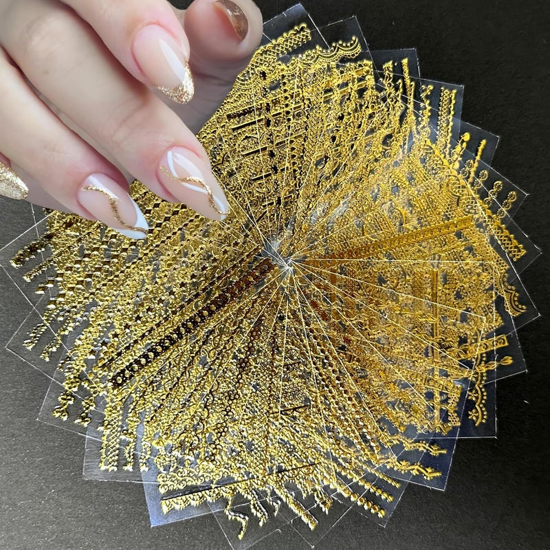 SPLOCUDU 30 Sheets Gold Line Nail Art Stickers Gold Lace Nail Stickers 3D Self-Adhesive Gold Nail Decals Acrylic Nails DIY Design Nail Supplies for Women - Image 1